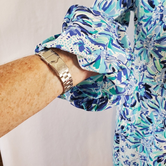 Lilly Pulitzer Carlile Small Blue Iris High Mainten Blouson Sleeve Pima Beach S - Picture 7 of 13